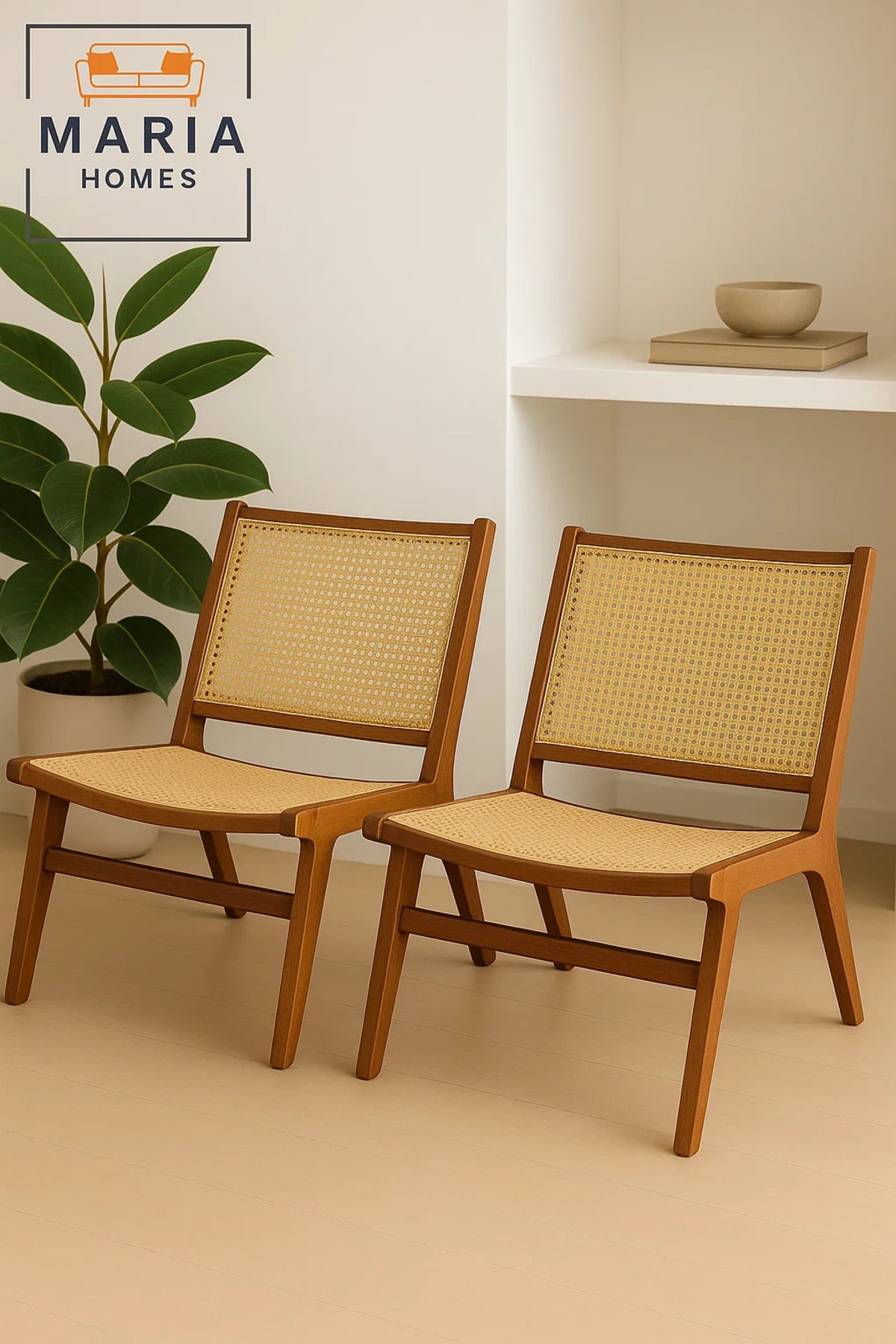 Classic Wooden Lounge Chair with Handwoven Rattan Seat and Backrest Ð Vintage Boho Accent Seating