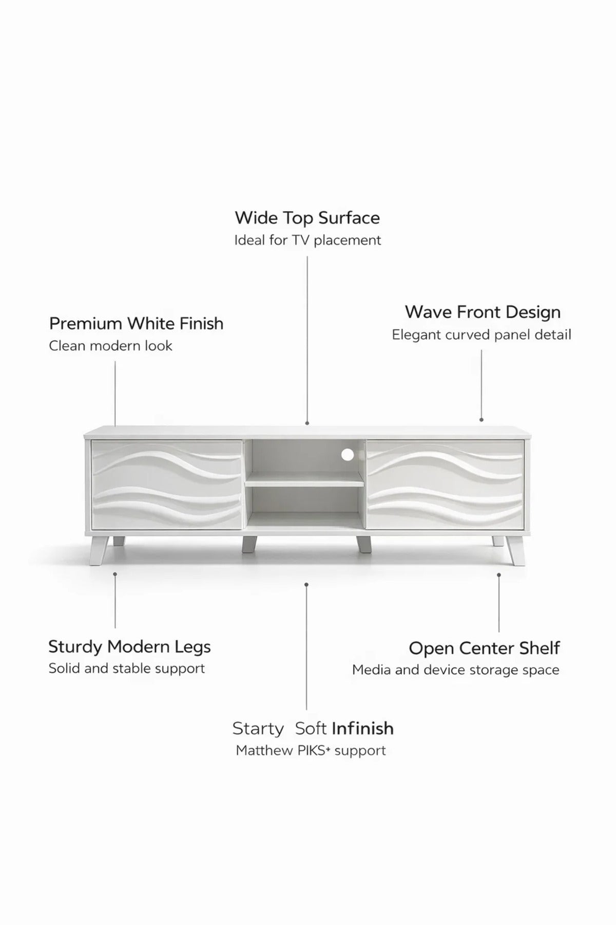 Elegant White TV Console 180cm Media Unit with Wavy Cabinet Doors and Open Shelves for Home
