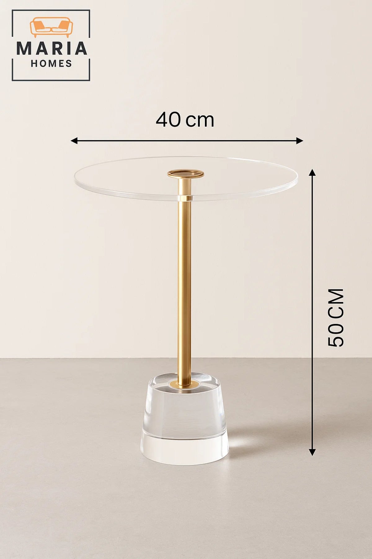 Modern Acrylic Round Side Table 40_40_50 cm with Gold Metal Support Clear Crystal Base