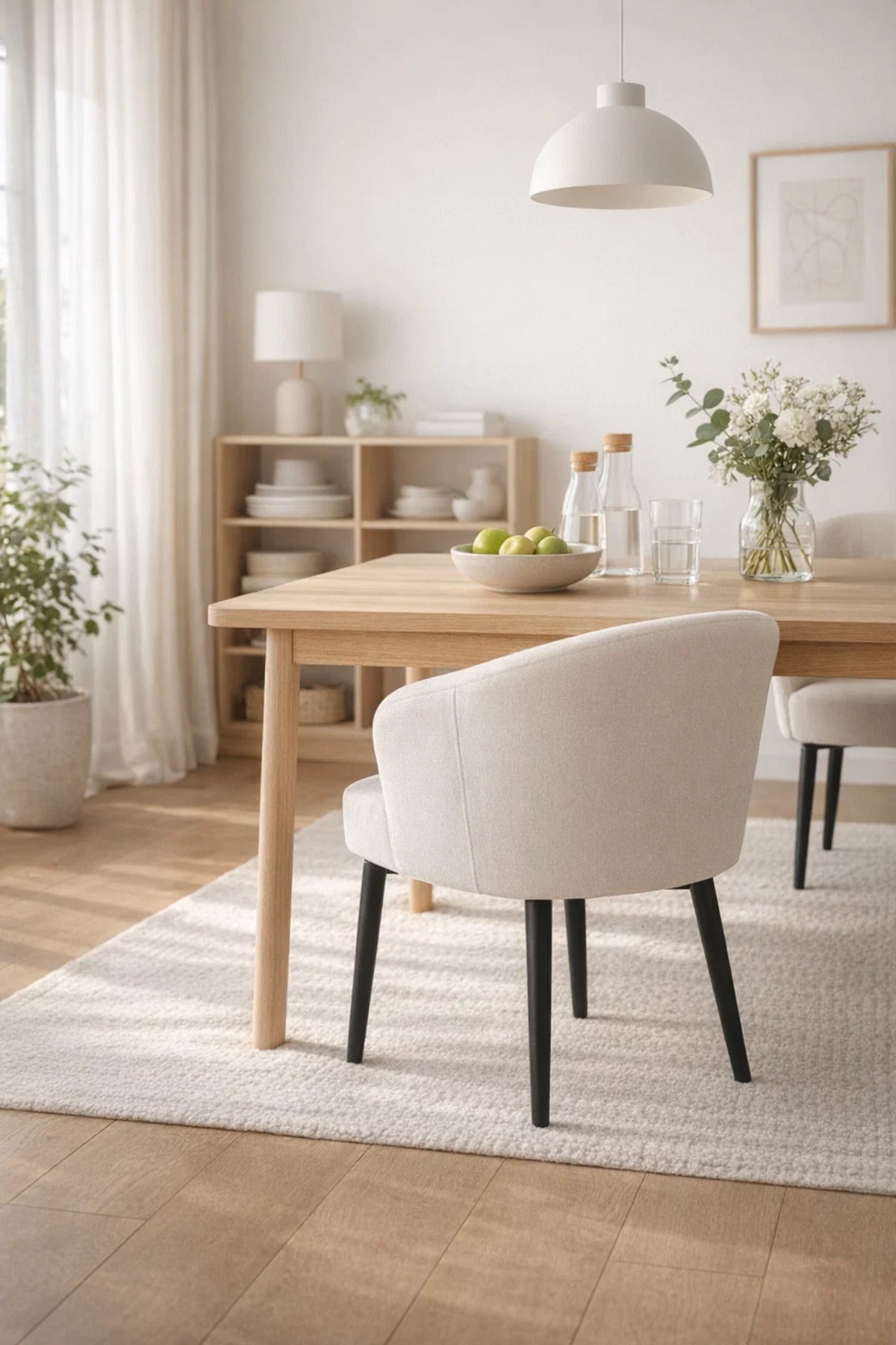 Cream Boucle Fabric Dining Chair with Black Tapered Legs Modern Armchair for Living Room and Kitchen
