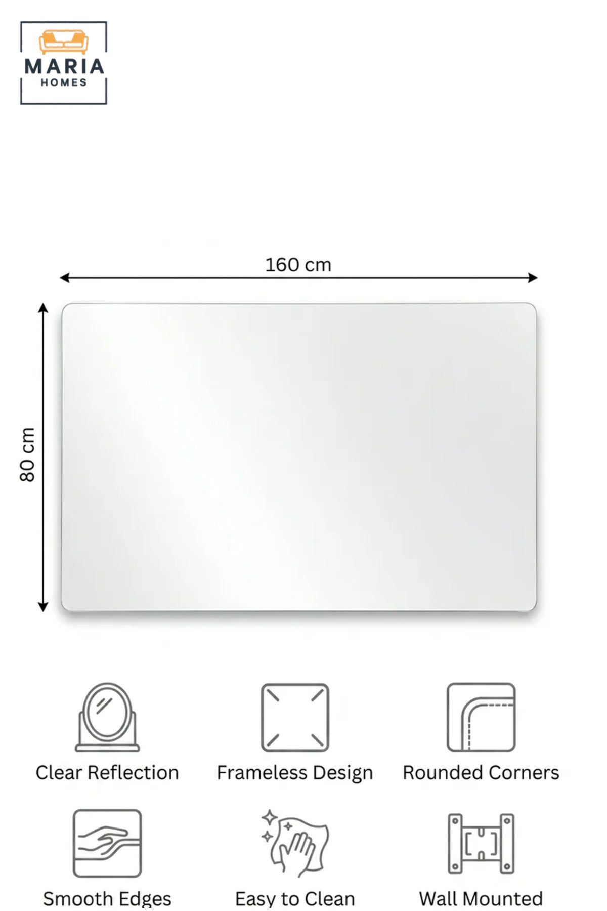 Large Frameless Rectangular Wall Mirror 160 × 80 cm with Soft Rounded Corners, Modern Decorative Mirror for Bathroom, Bedroom, Dressing Area and Vanity