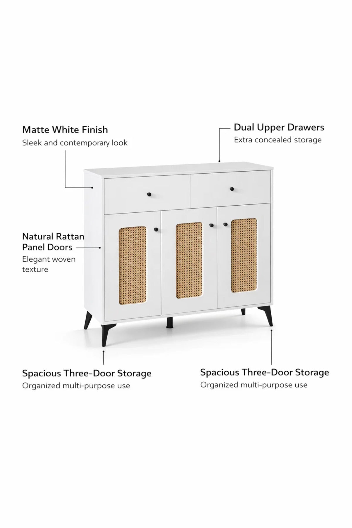 Modern White Rattan Shoe Cabinet with Drawers Stylish Entryway Storage Console Unit 100x95cm