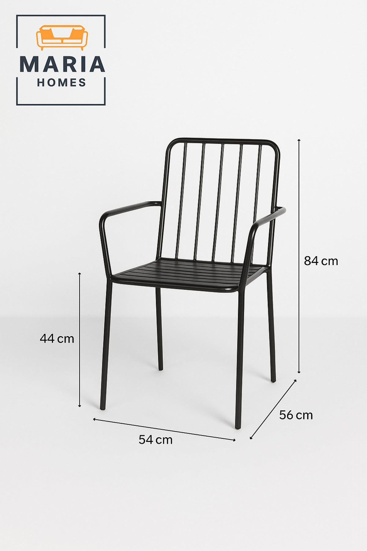 Black Metal Outdoor Dining Chair Ð Modern Slatted Seat & Back with Armrests