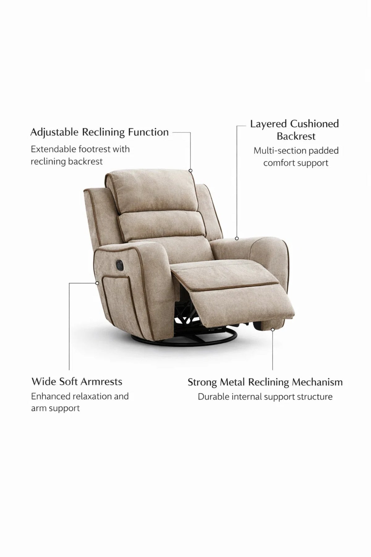 Premium Light Brown Fabric Swivel Rocker Recliner Chair with Contrast Piping for Living Room