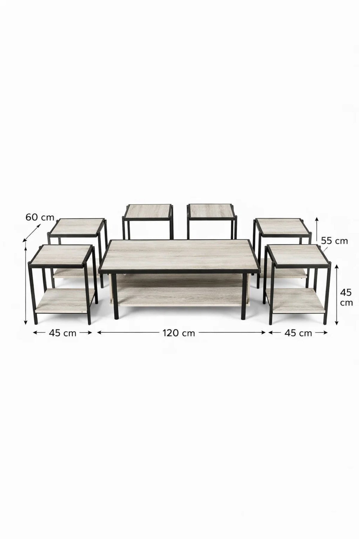 Modern Light Wood Coffee Table Set with 6 Side Tables and Shelf modern light wood