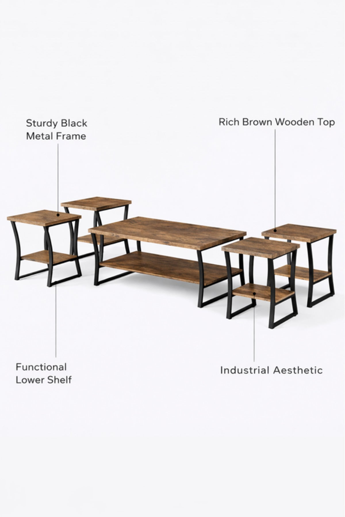 Brown 1+4 Coffee Table Set √ê Rustic Wood and Metal Design with 1 Large and 4 Side Tables