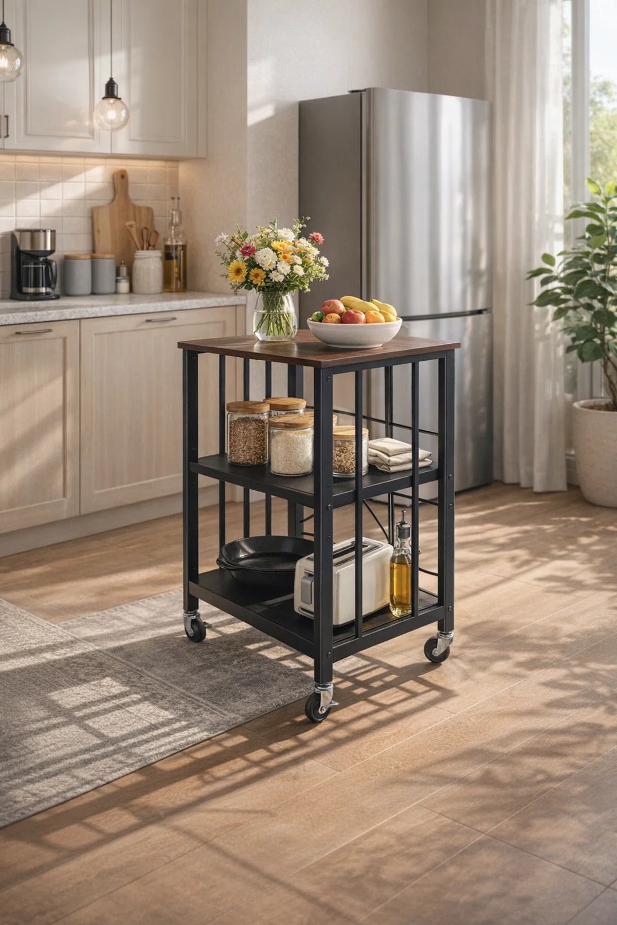 Brown 3-Tier Rolling Storage Shelf with Wheels 60_40_80 cm
