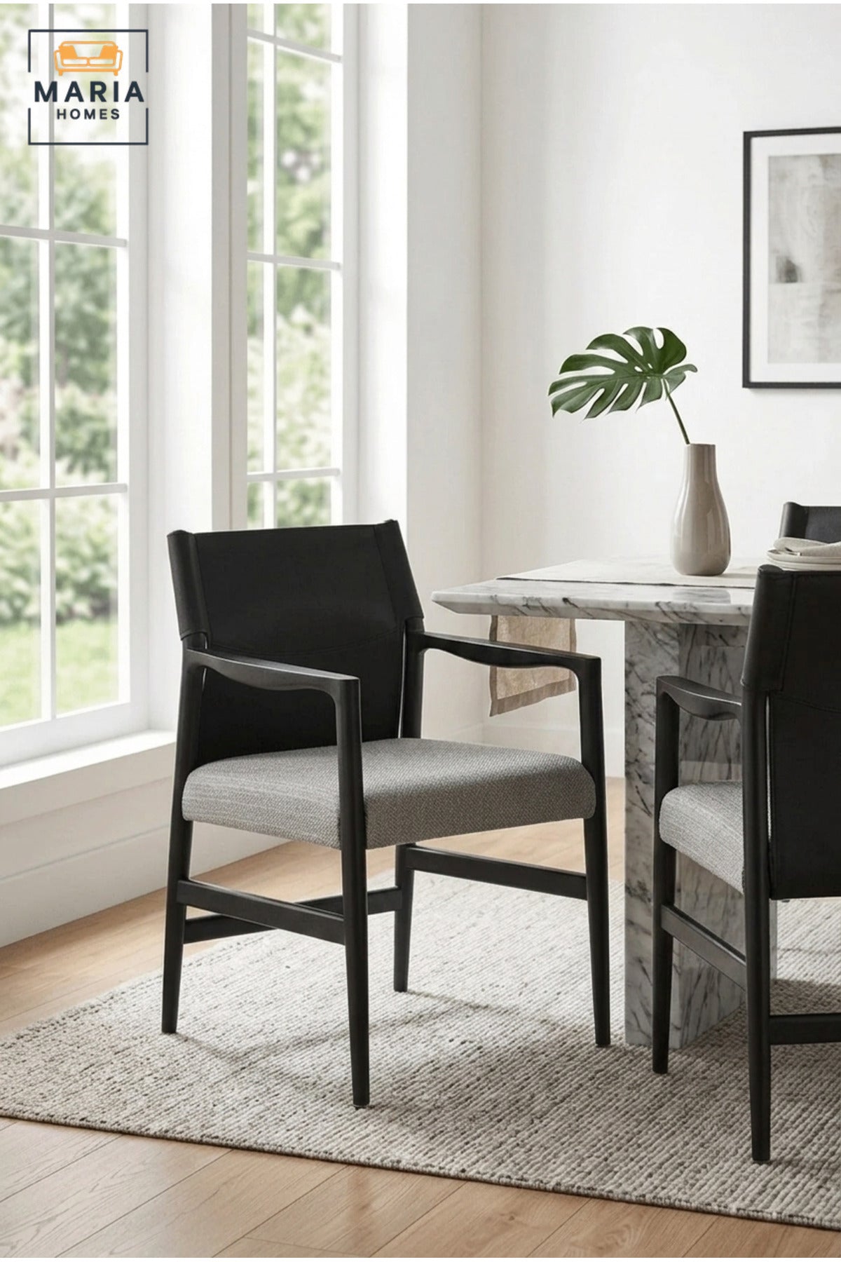 Modern Black Dining Chair with Armrests, PU Leather Backrest and Grey Upholstered Seat for Dining Room, Kitchen, Restaurant and Office