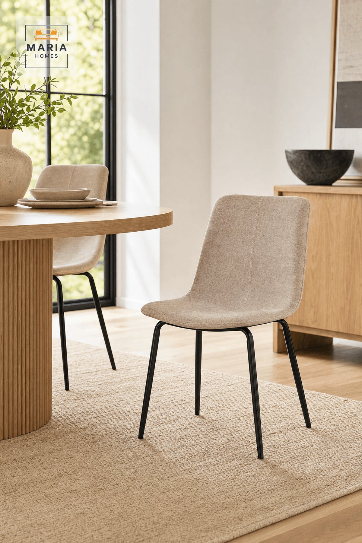Beige Upholstered Dining Chair with Black Metal Legs, Modern Minimalist Seat
