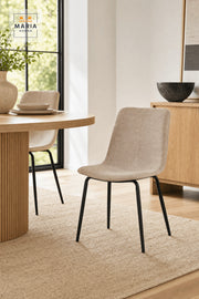 Beige Upholstered Dining Chair with Black Metal Legs, Modern Minimalist Seat