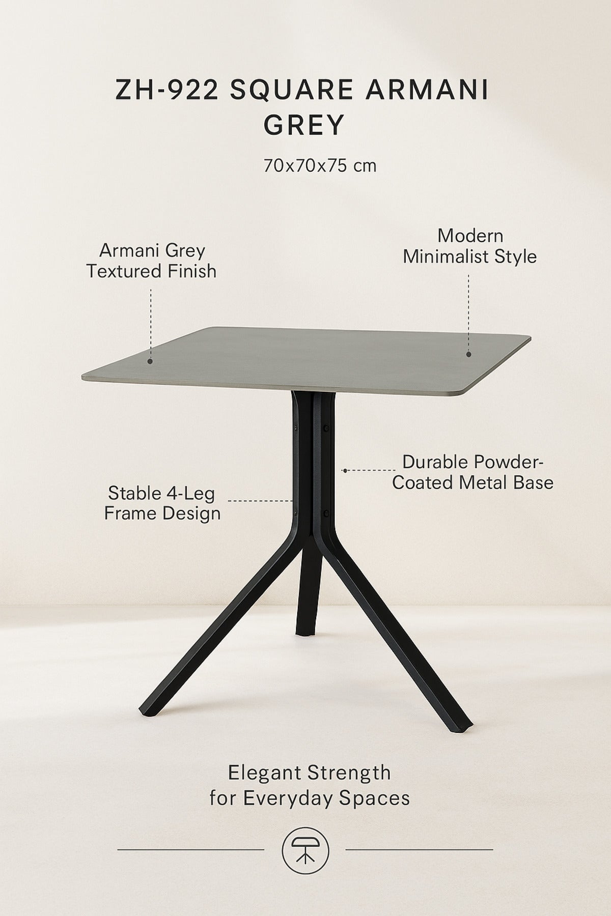 Square CafŽ Table Ð 70_70 cm Gray Top with Black Metal Legs for Indoor & Outdoor Use