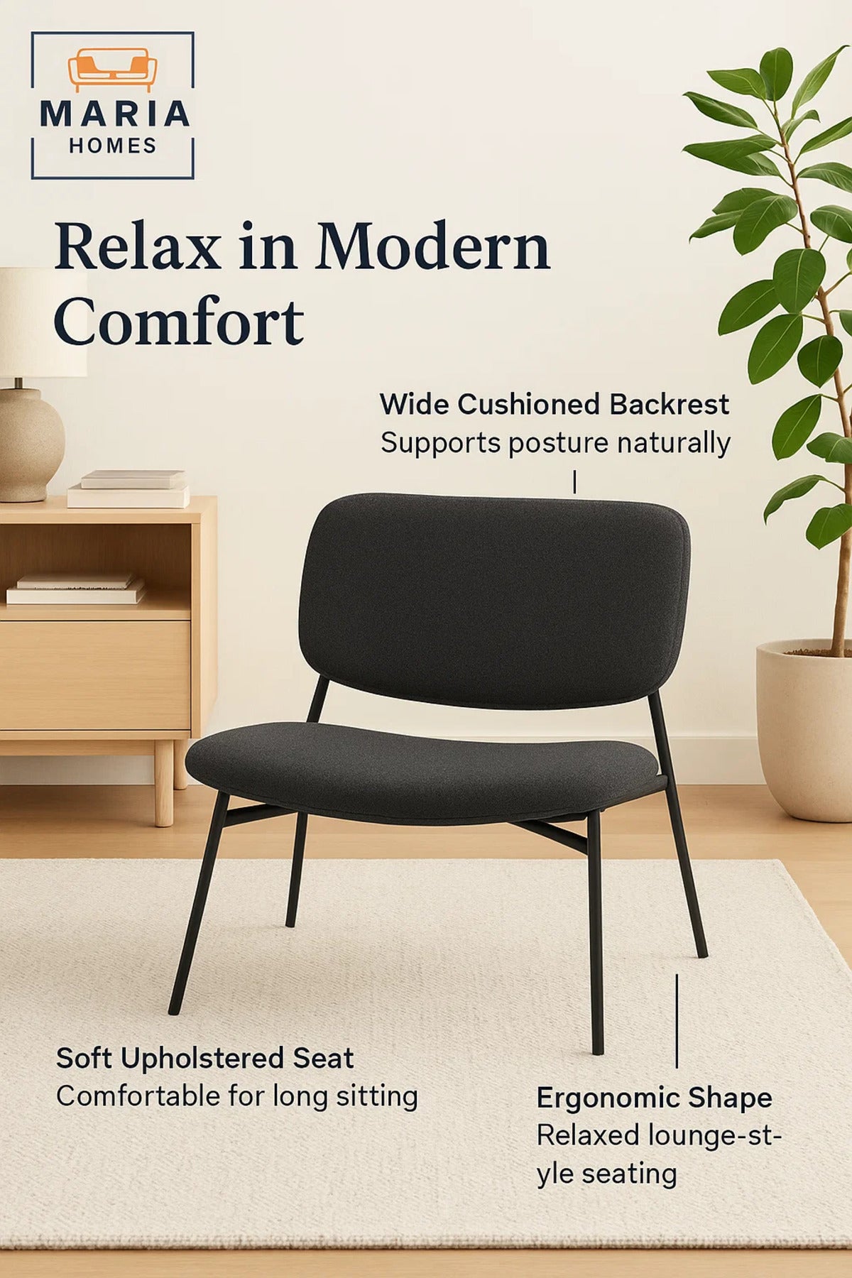 Modern Charcoal Lounge Chair with Metal Frame
