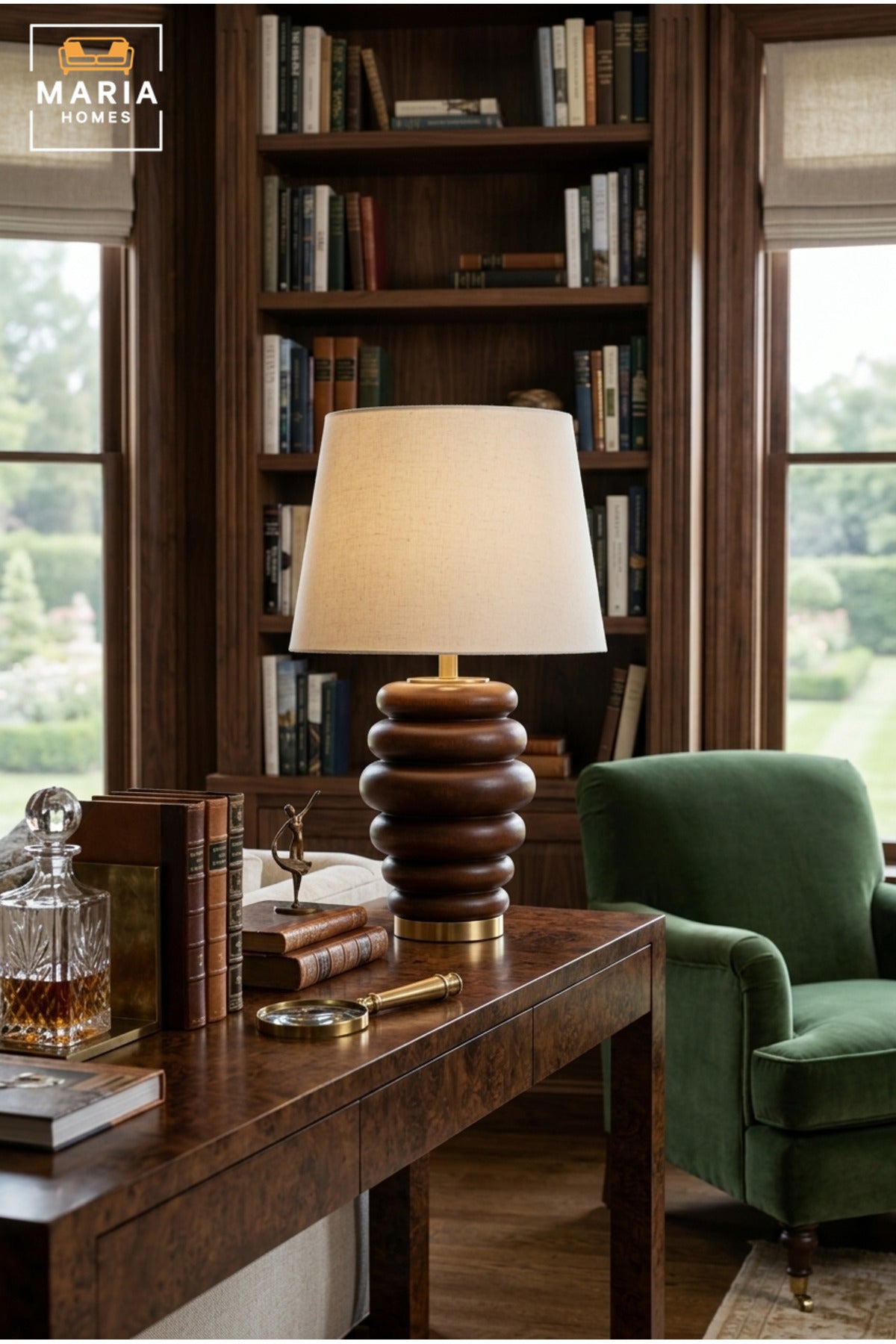 Modern Sculptural Wooden Table Lamp with Fabric Shade and Gold Base Decorative Bedside Light for Bedroom Living Room Office Hotel and Home Décor