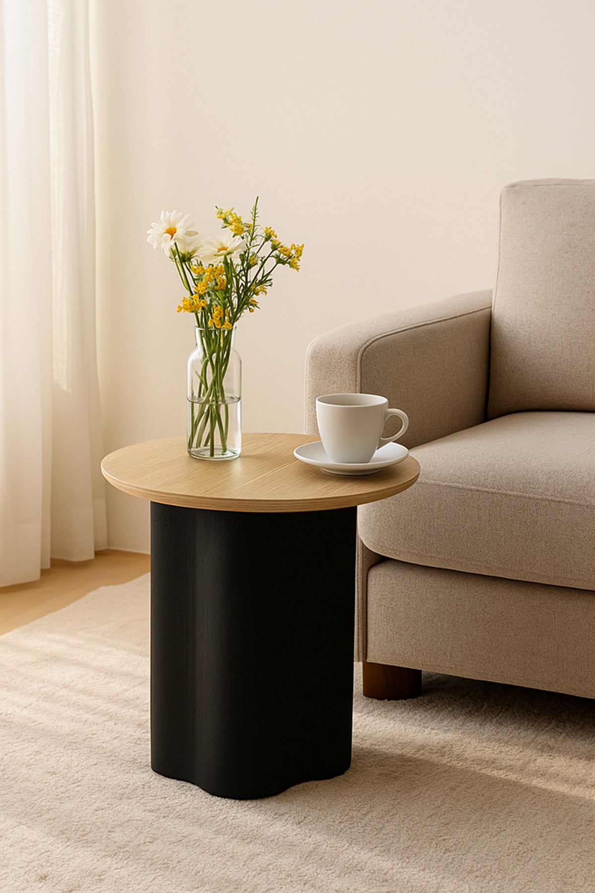 Round Black Coffee Table with Wood Top Ð Modern Side Table 45_55 cm