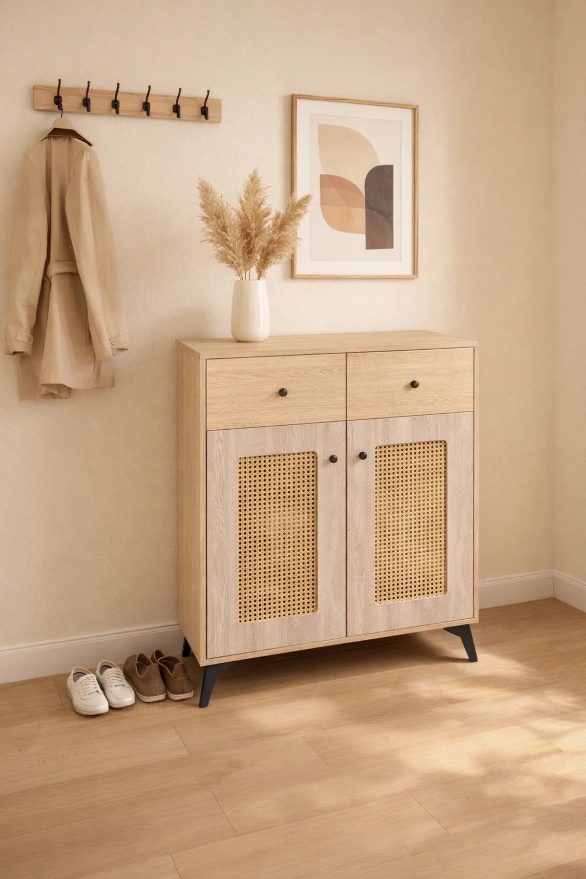 Modern Rattan Shoe Cabinet with Drawers - Wooden Storage Cupboard for Hallway and Living Room