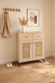 Modern Rattan Shoe Cabinet with Drawers - Wooden Storage Cupboard for Hallway and Living Room
