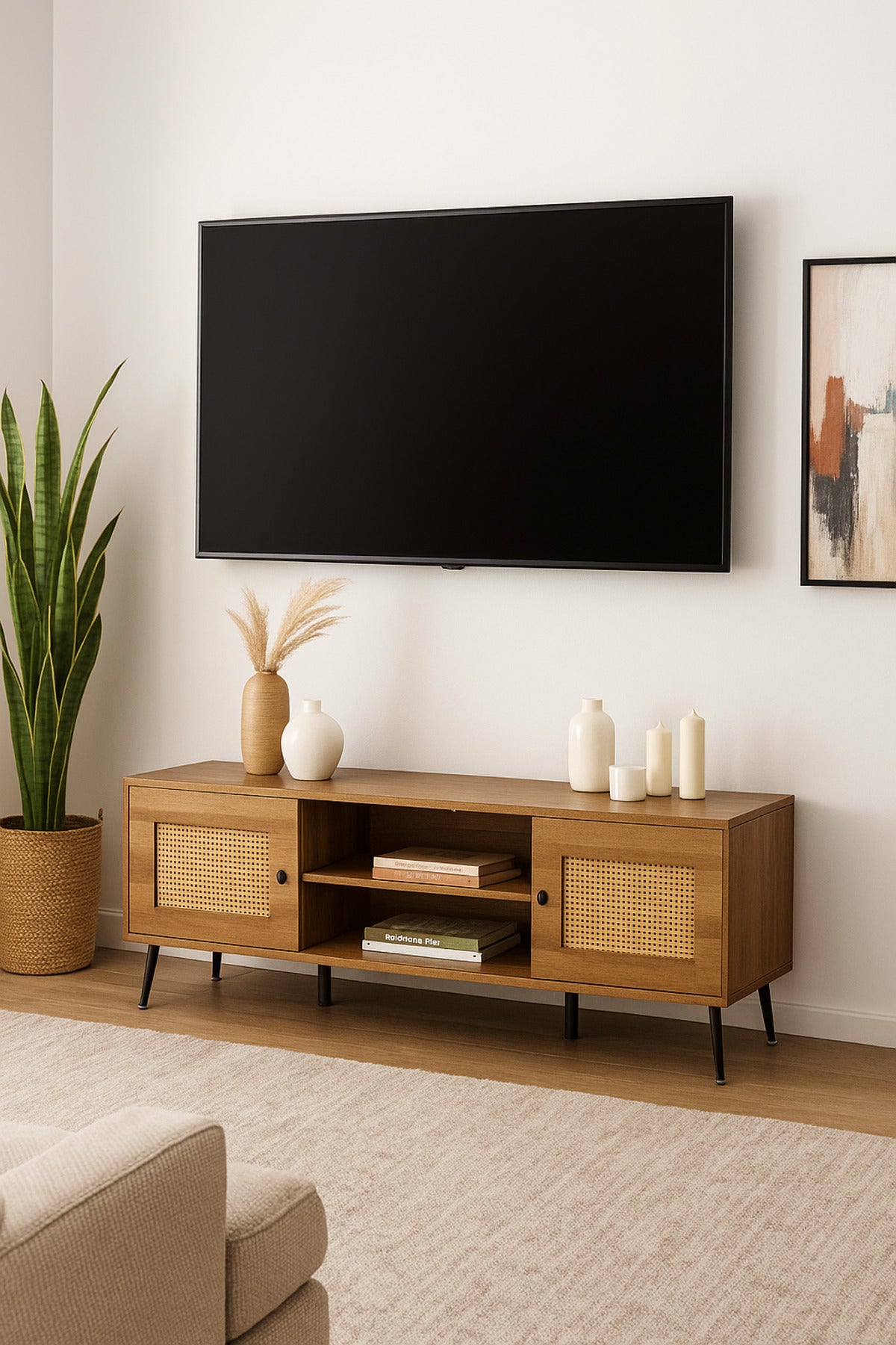Brown Wooden TV Stand with Rattan Doors | Modern TV Cabinet with Shelves & Storage | 200_40_50 cm