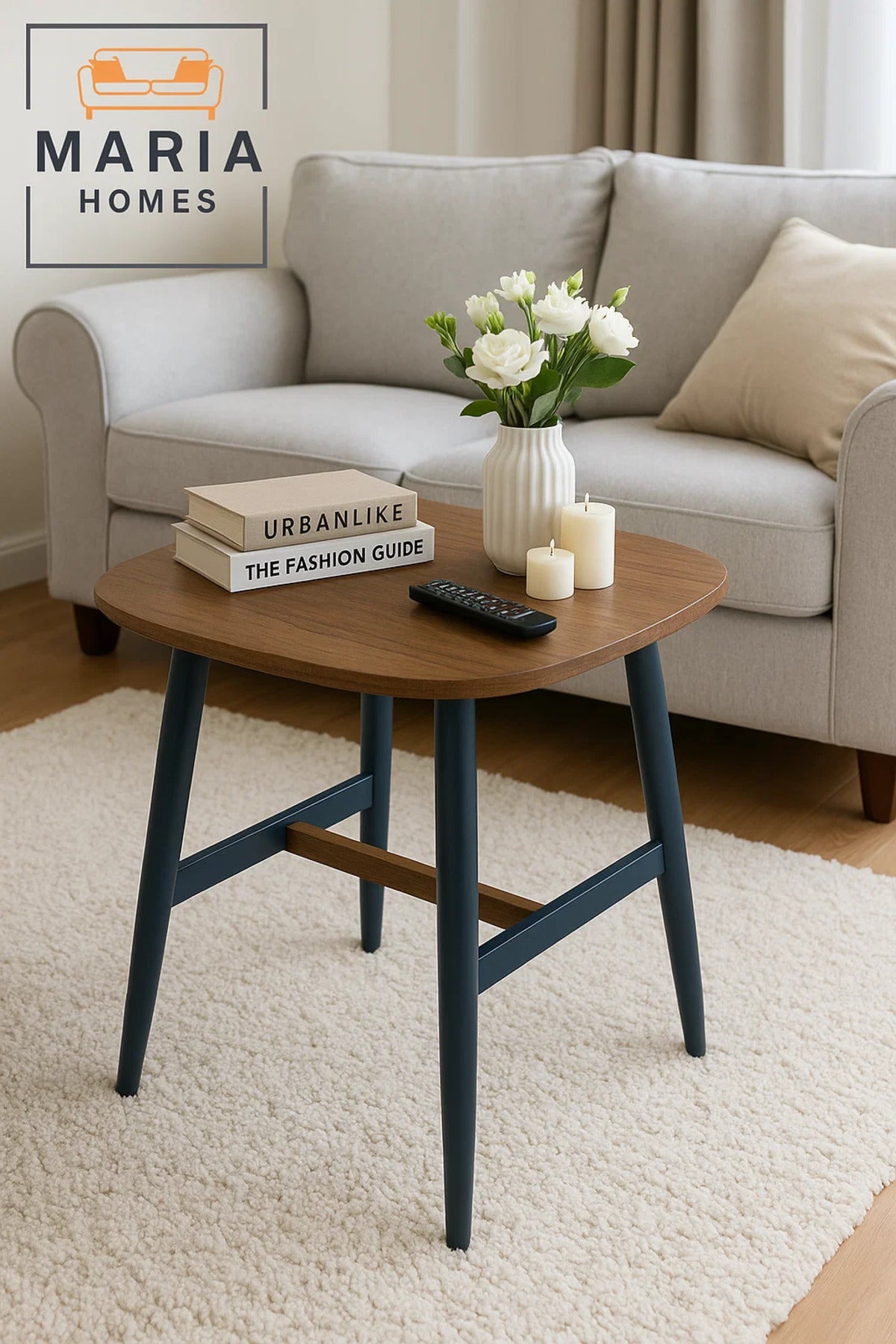 Square Wooden Table with Black Legs and Natural Crossbar Accent