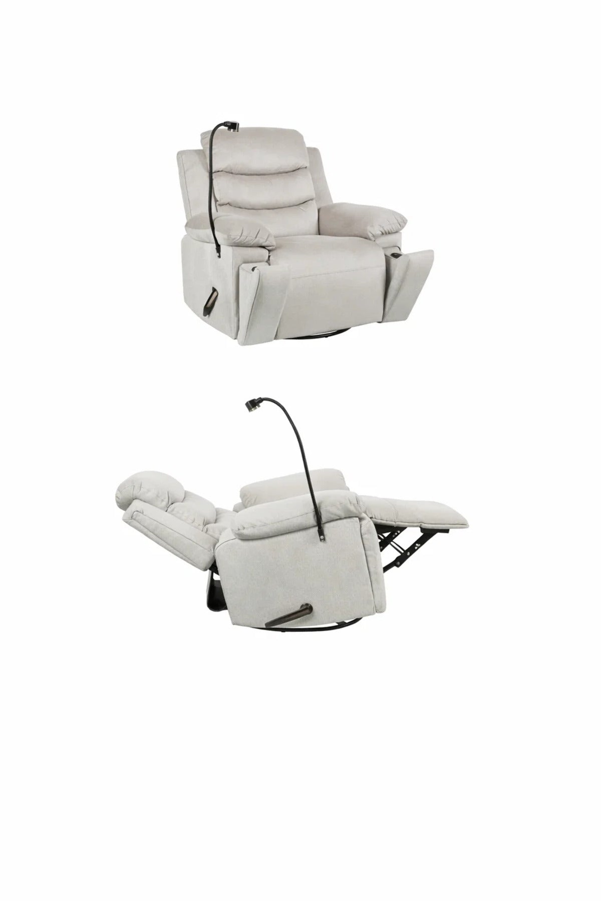 Modern Light Grey Fabric Swivel Rocking Recliner Chair with Built-in Phone Holder for Home Relaxing
