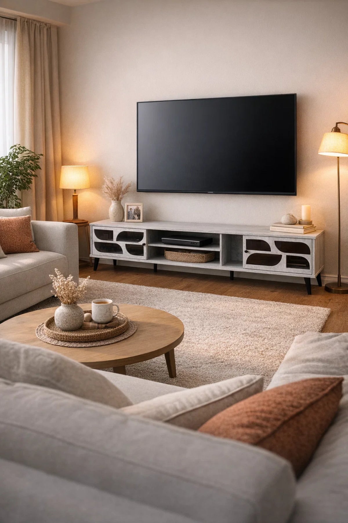 Premium 200cm TV Unit Modern Grey Media Console with Stylish Storage Doors for Living Room Decor