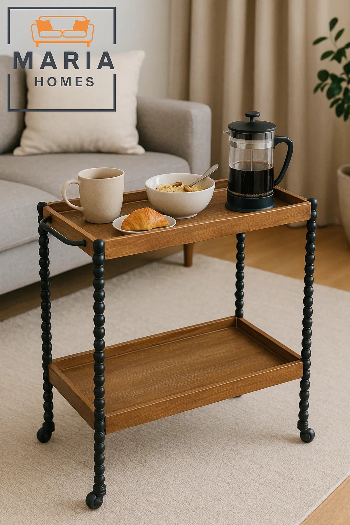 Vintage Wood and Iron Bar Cart Ð 2-Tier Serving Trolley with Black Spindle Legs and Tray Shelves