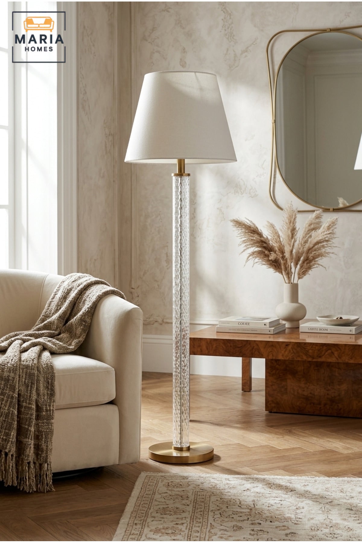 Modern Clear Glass Floor Lamp with Textured Column, Gold Accents, Fabric Shade and Round Base Elegant Standing Light for Living Room Bedroom and Office