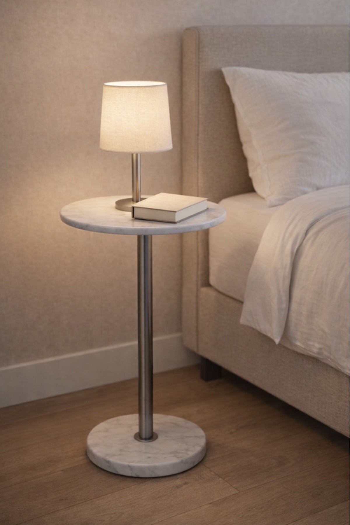 Round Marble Side Table with Silver Metal Base 35_35_56 cm Modern Accent round marble