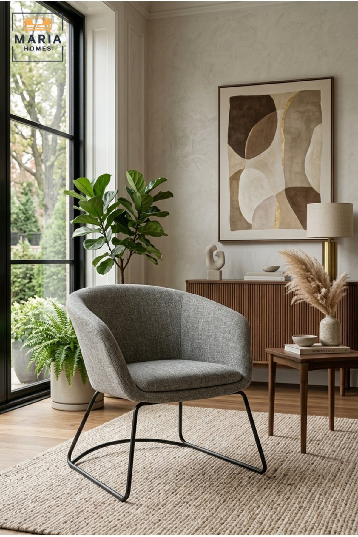 Modern Grey Upholstered Accent Armchair – Contemporary Fabric Lounge Chair with Metal Legs for Living Room & Office