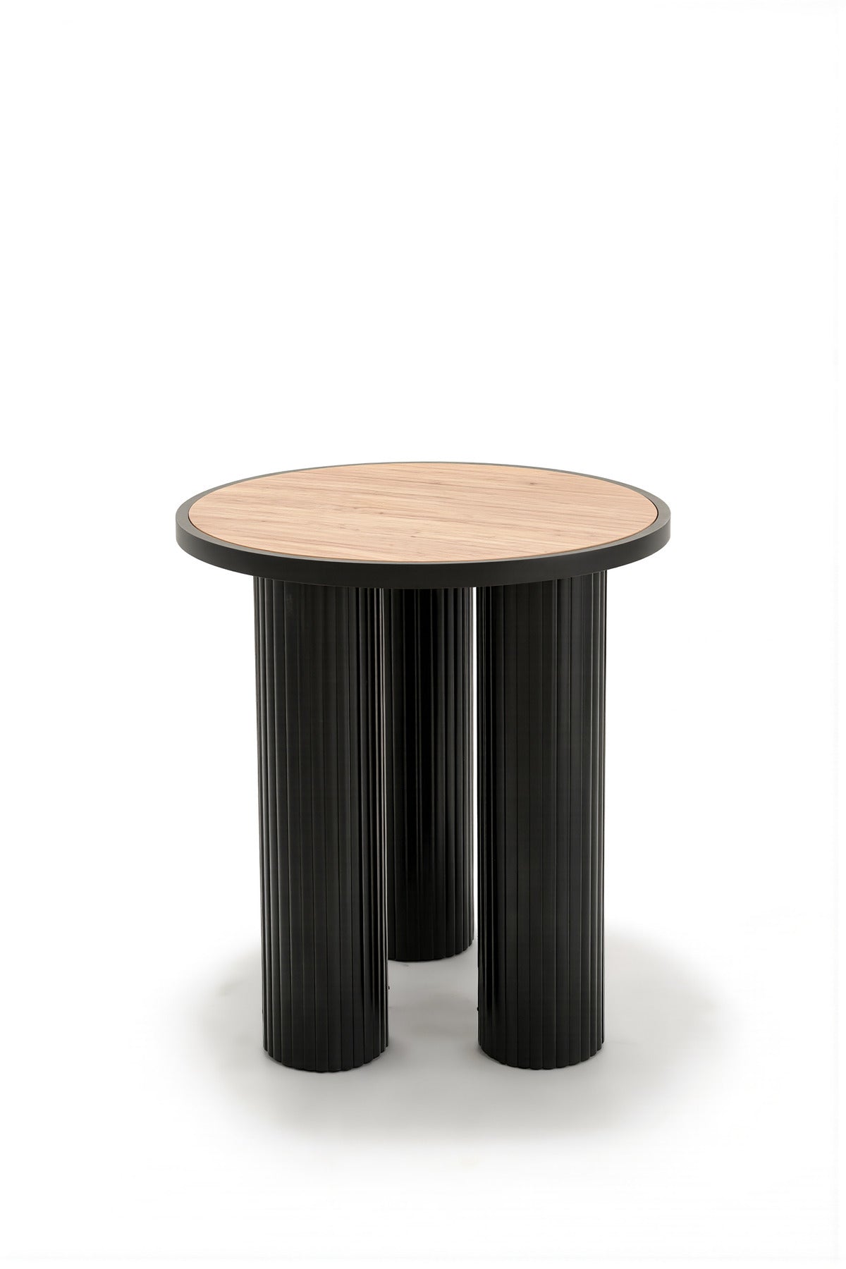 Modern Round Side Table Black Fluted Base Wood Top Living Room Accent End Table Nightstand