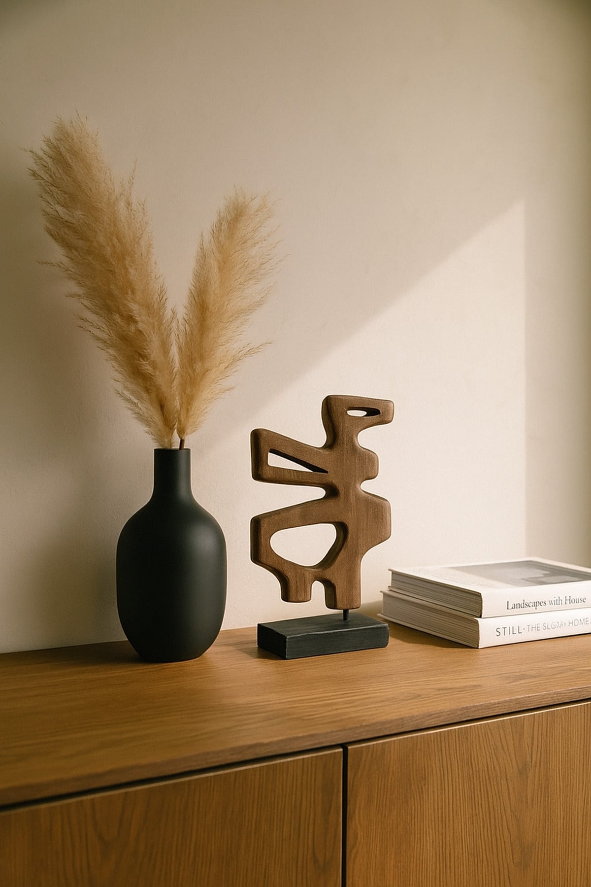 Walnut and Black Wooden Abstract Decorative Sculpture on Stand Ð Contemporary Art Accent