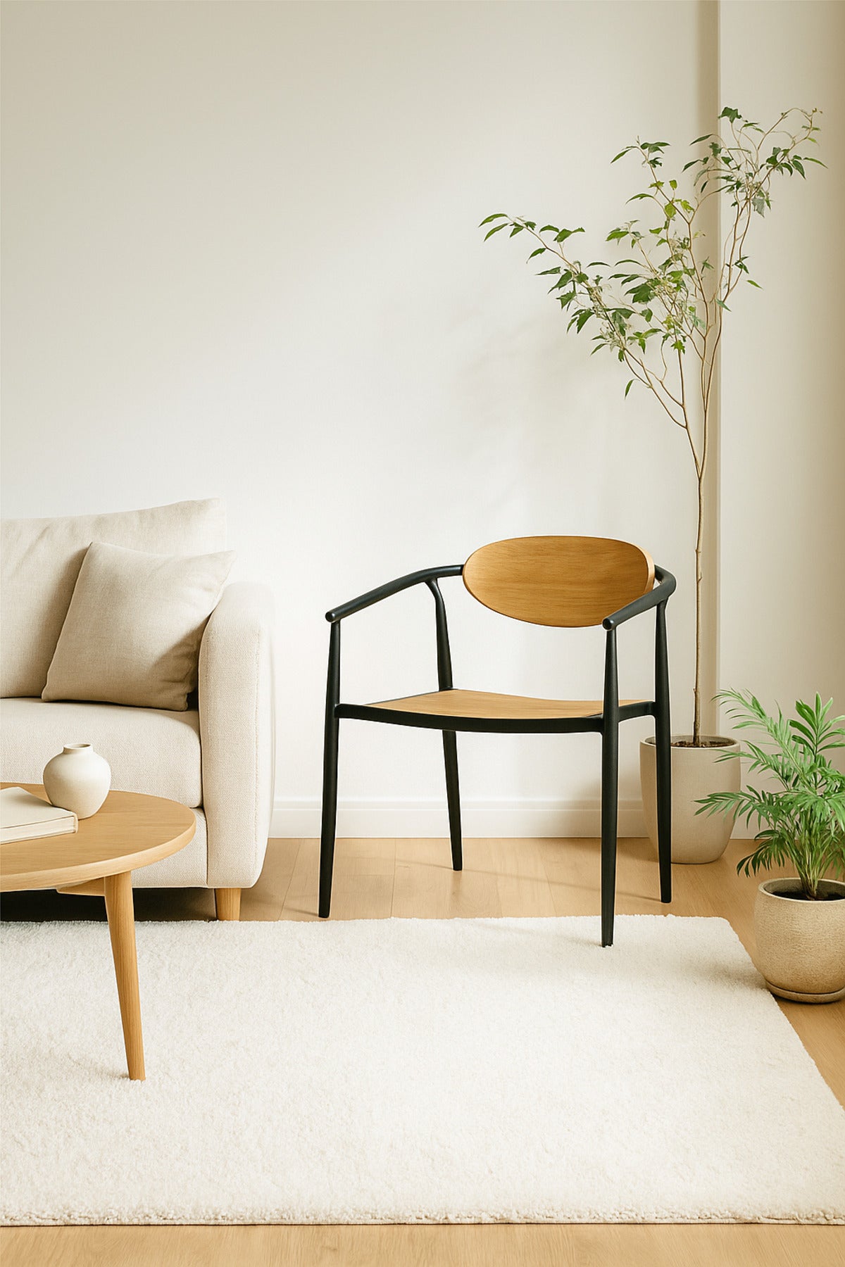 Black & Champagne Metal and Wood Chair Modern Dining Armchair with Wooden Seat and Backrest for Home