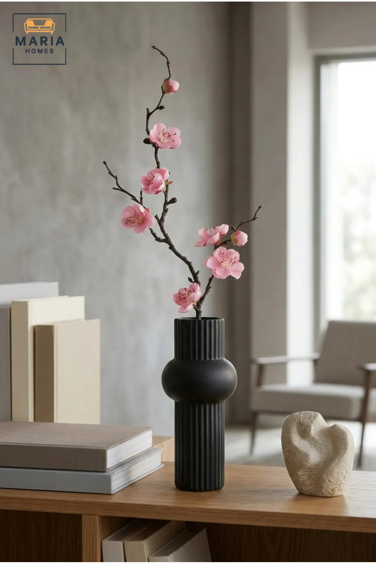 Modern Decorative Flower Vase with Ribbed Texture and Sculptural Design for Living Room, Bedroom, Office, Shelf, Console Table and Home Décor