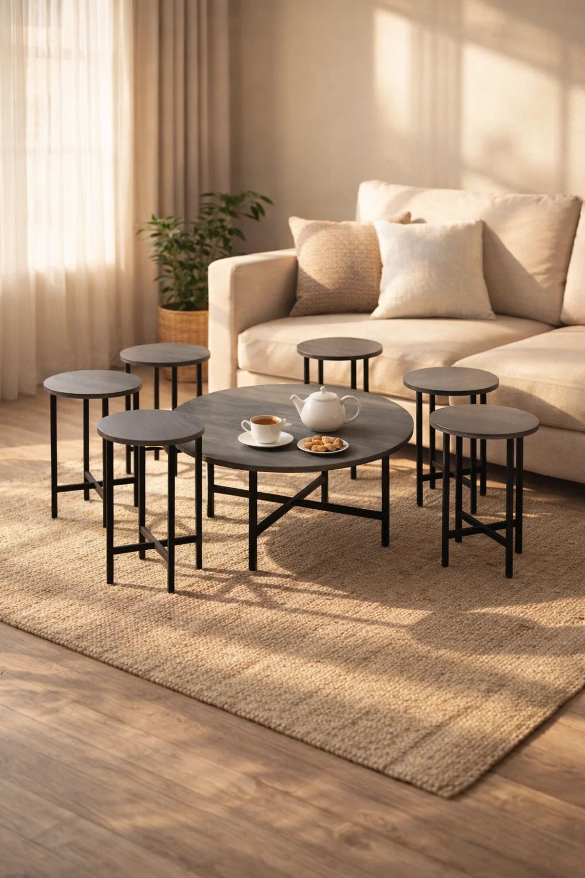 Modern 7-Piece Round Coffee Table Set Grey Wood Finish Black Metal Frame Living Room Furniture