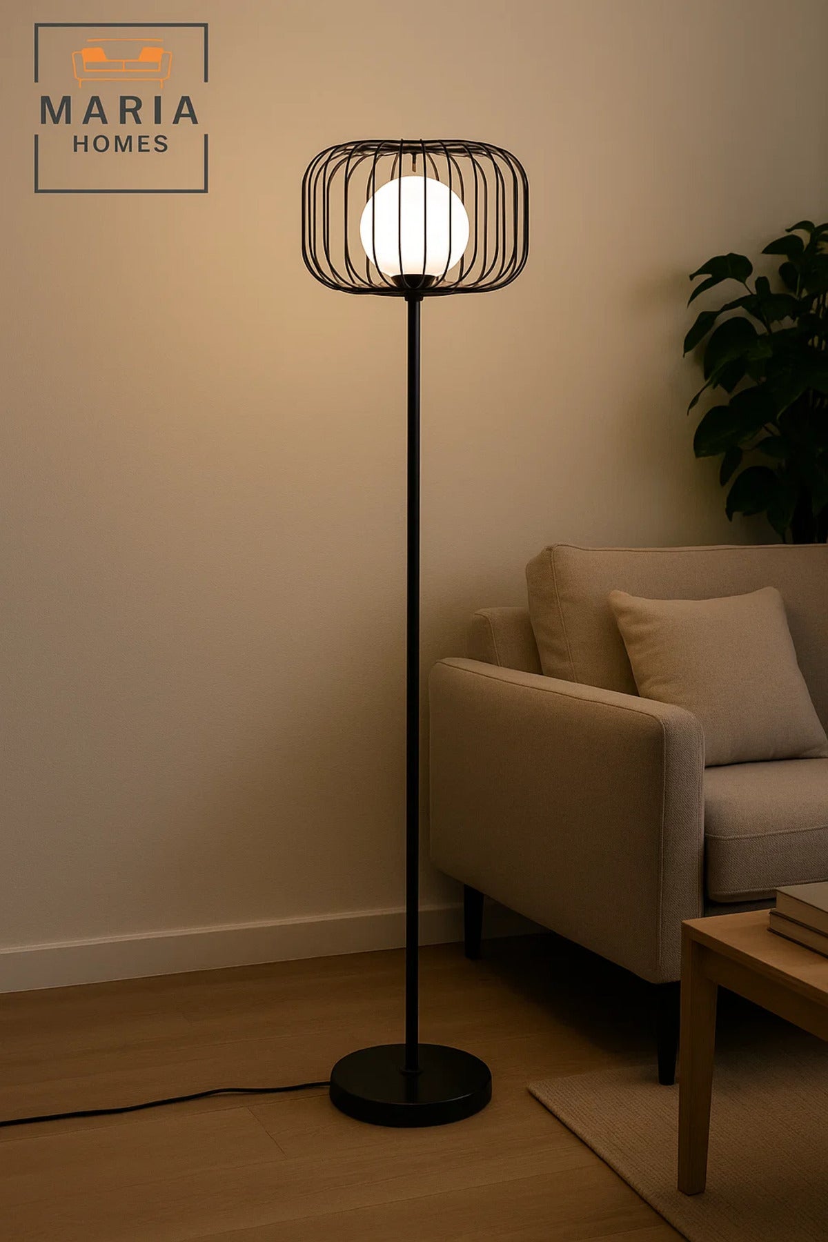 Black Floor Lamp with Wire Cage Shade