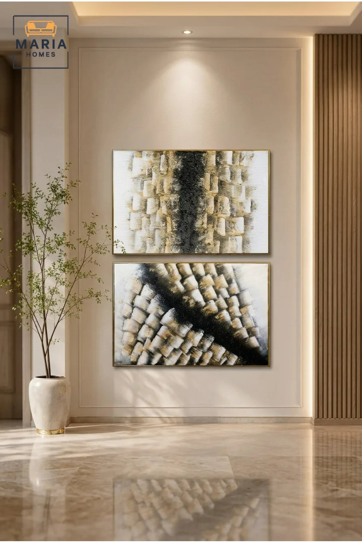 Luxury Abstract Framed Wall Art Set of 2 Ð Black, White & Gold Modern Textured Painting for Living Room, Bedroom, Hallway & Office DŽcor