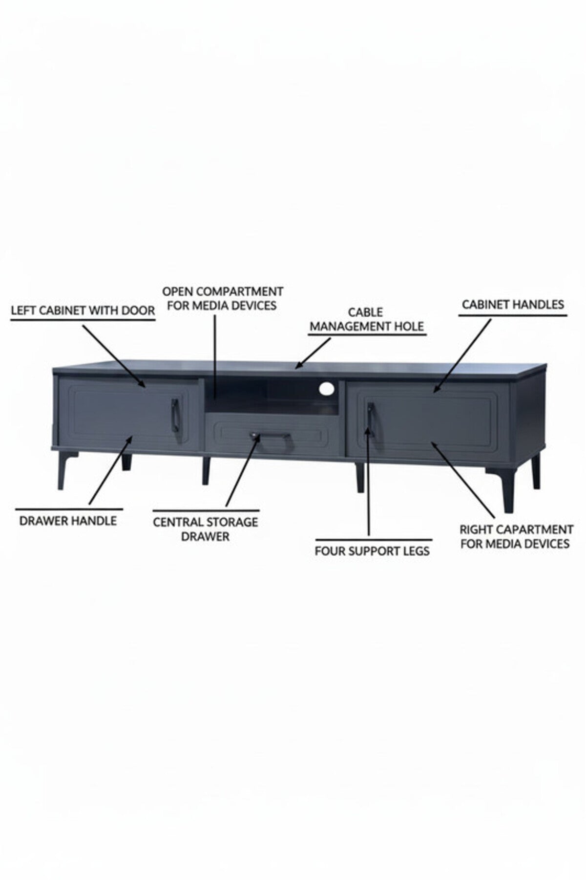 Elegant Dark Grey TV Table with Drawers and Open Shelf