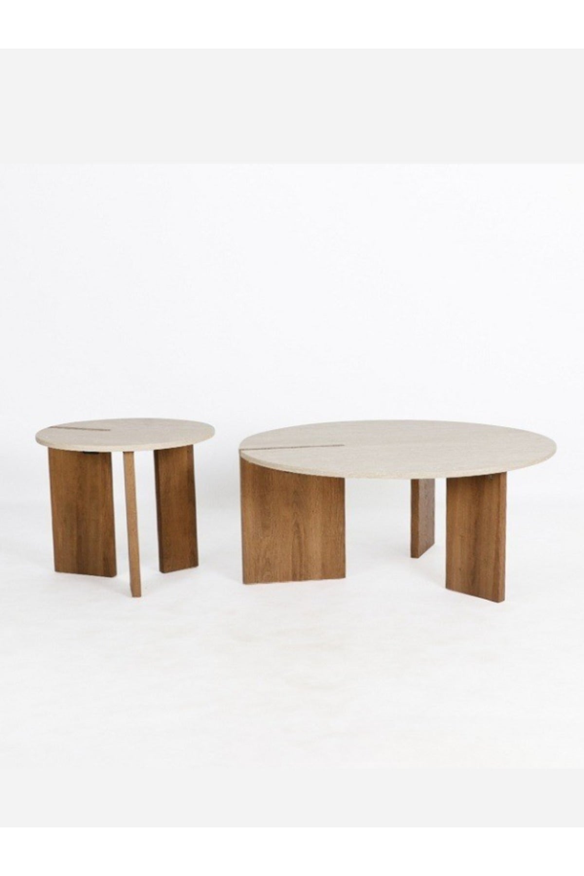 2-Piece Coffee Table Set Ð Beige Round Tops with Brown Wooden Legs