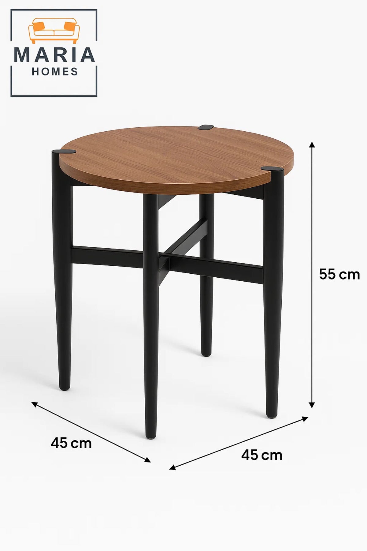 Round Wooden Side Table with Black Frame and Decorative Corner Accents