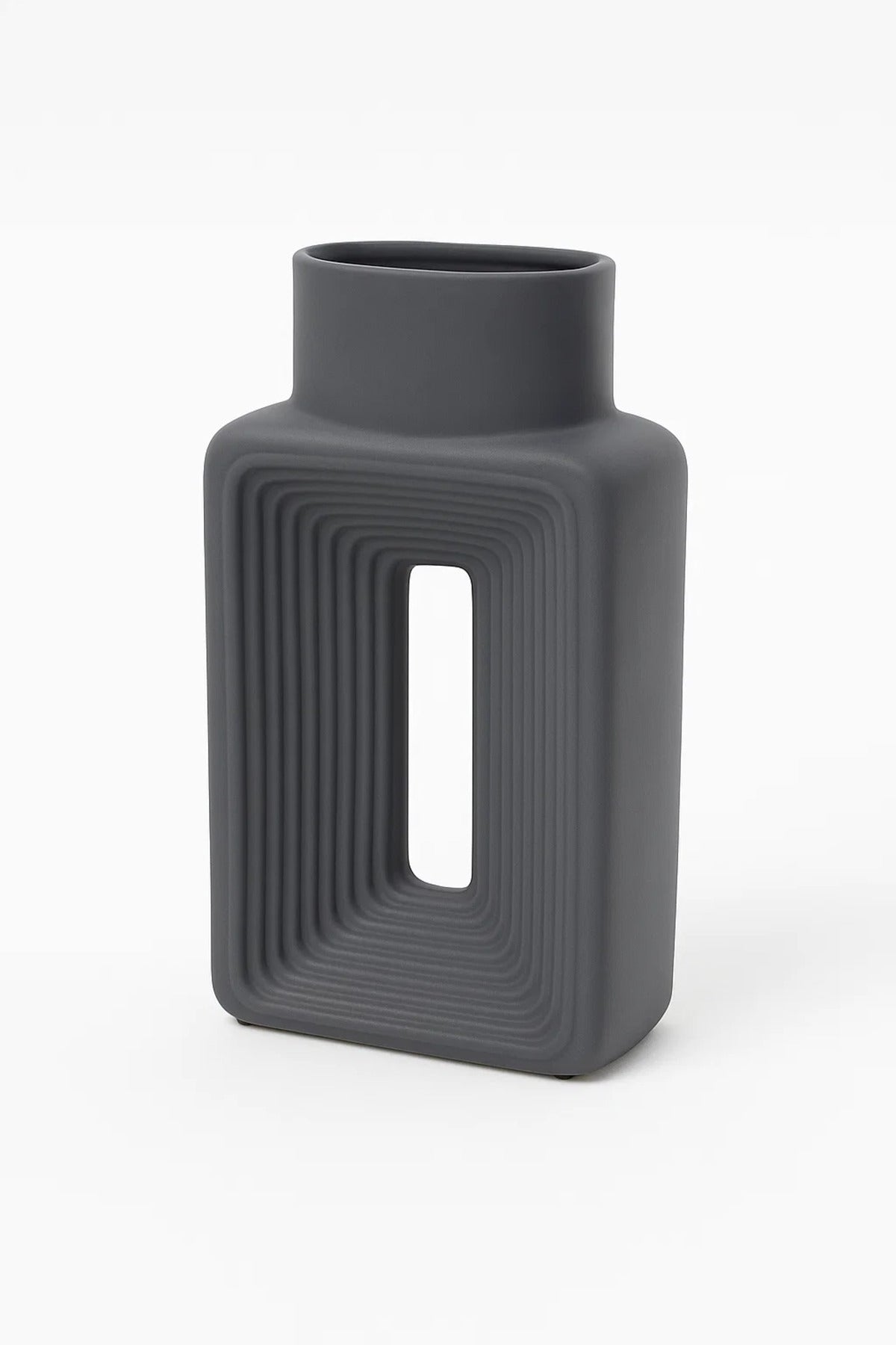 Matte Gray Geometric Ceramic Vase Ð Modern Rectangular Decorative Flower Pot with Cut-Out Design