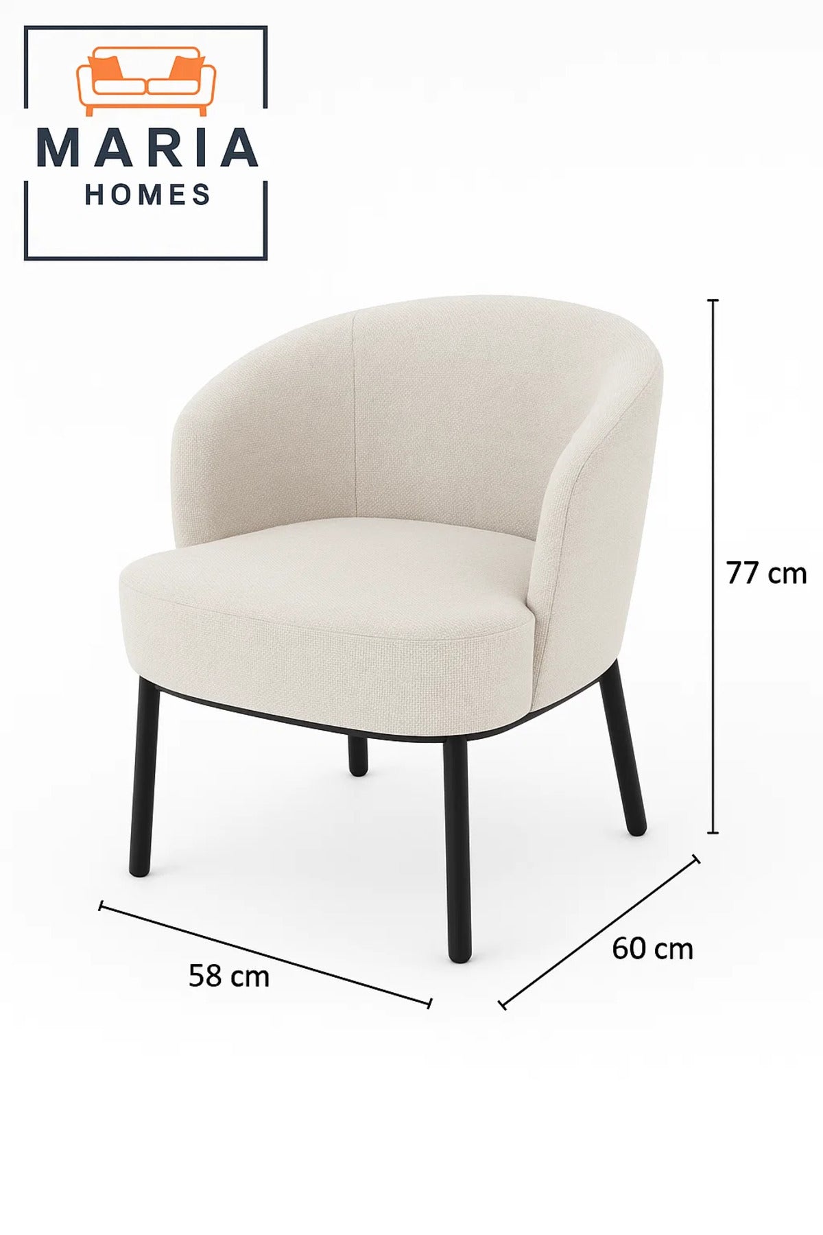 Beige Fabric Accent Chair Ð Modern Curved Armchair with Cushioned Seat and Sturdy Black Legs