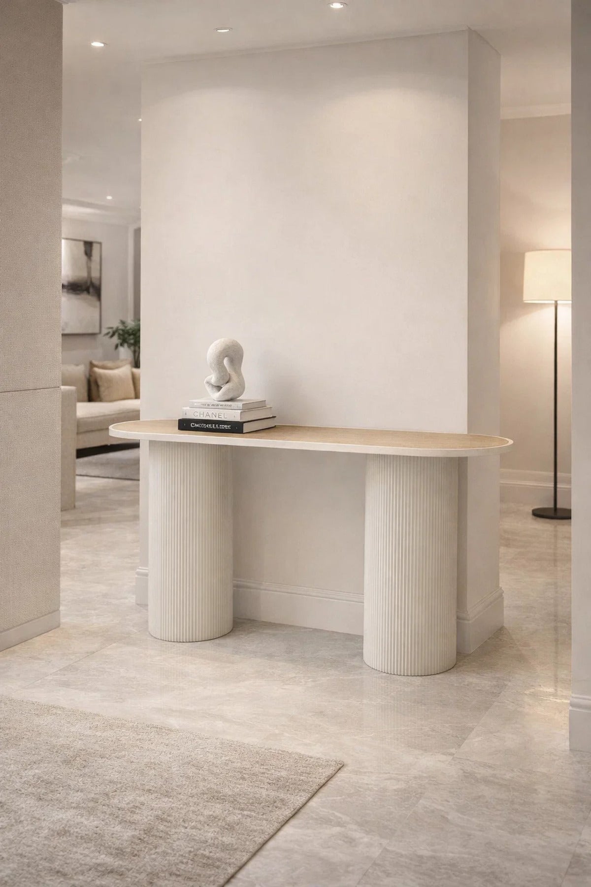 Modern Oval Console Table Beige Ribbed Pillar Legs Natural Wood Top Entryway Living Room 120cm
