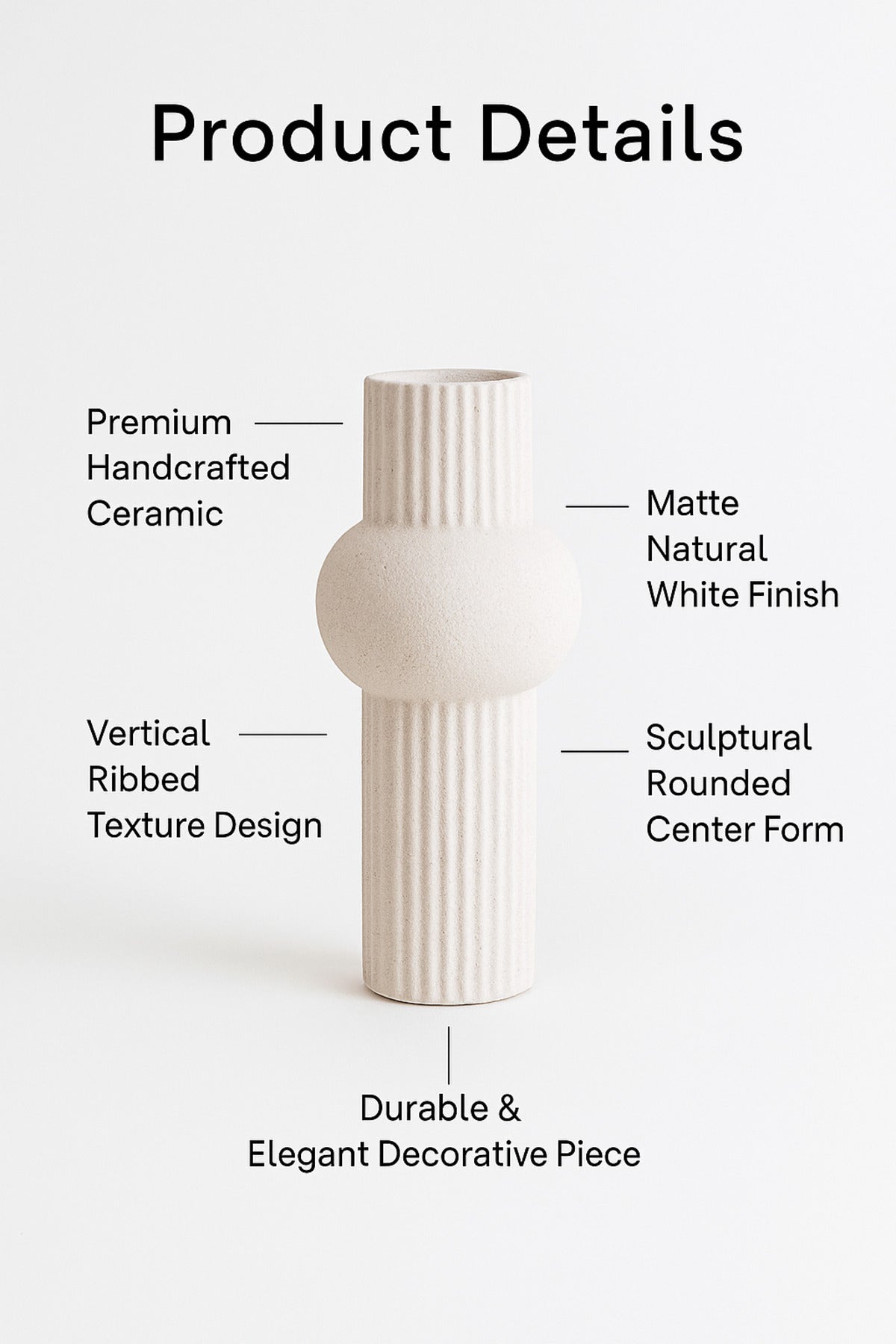 White Ceramic Vase Ð Tall Ribbed Modern Decorative Vase