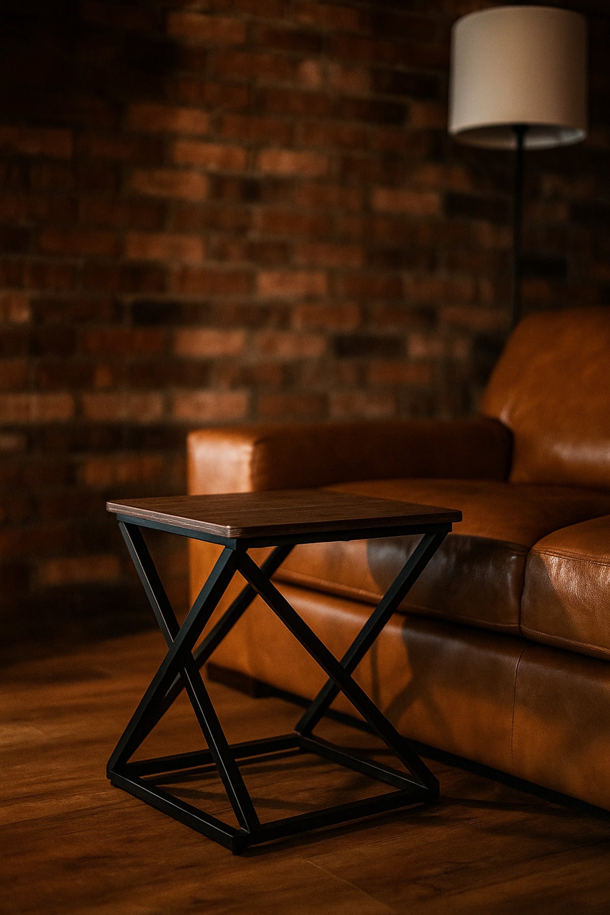 Modern Square Side Table in Dark Wood with Black Metal Cross Base Ð Industrial Accent Table 40_50 cm