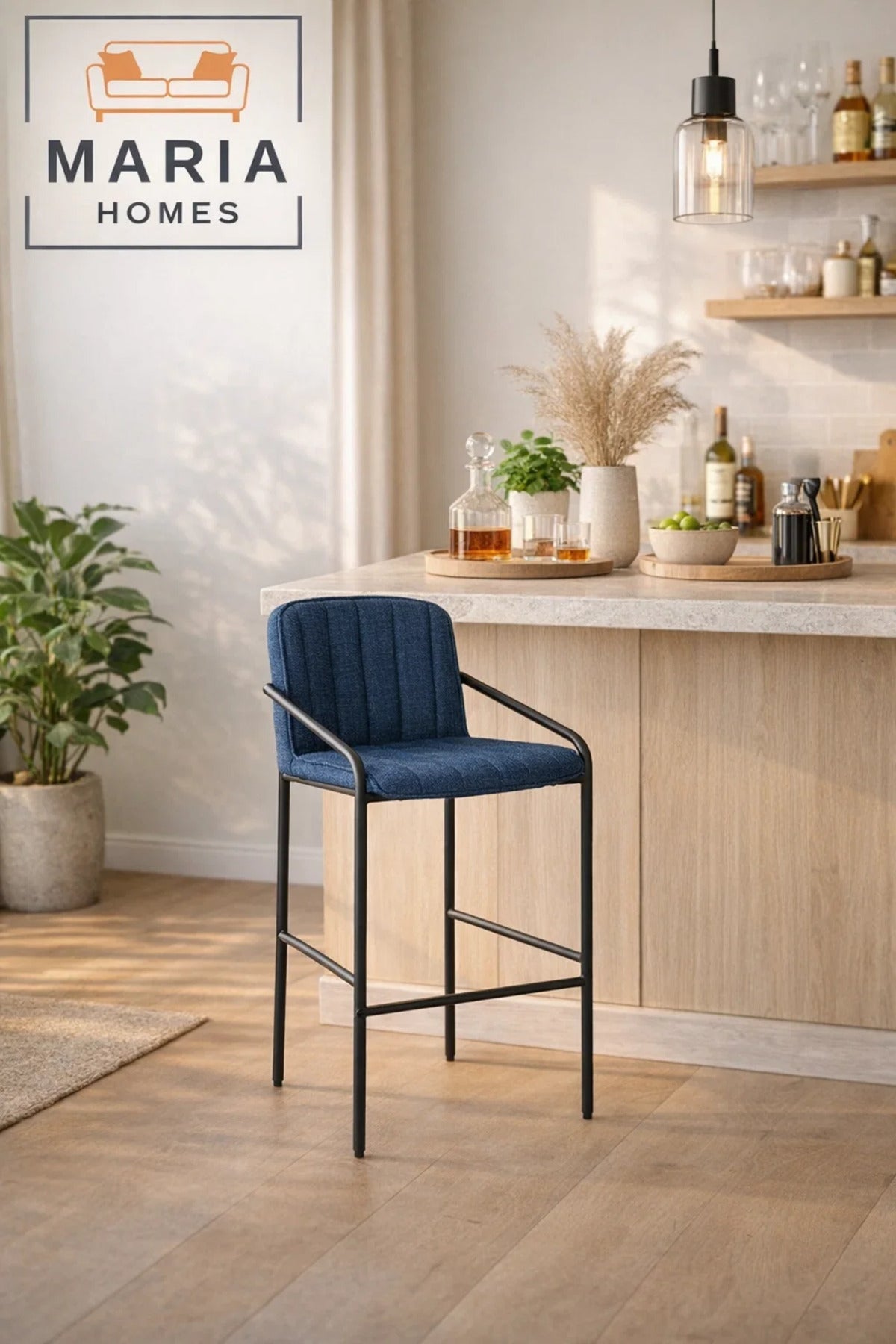 Deep Blue Upholstered Bar Stool with Black Metal Frame Ð Modern Counter Chair with Armrests