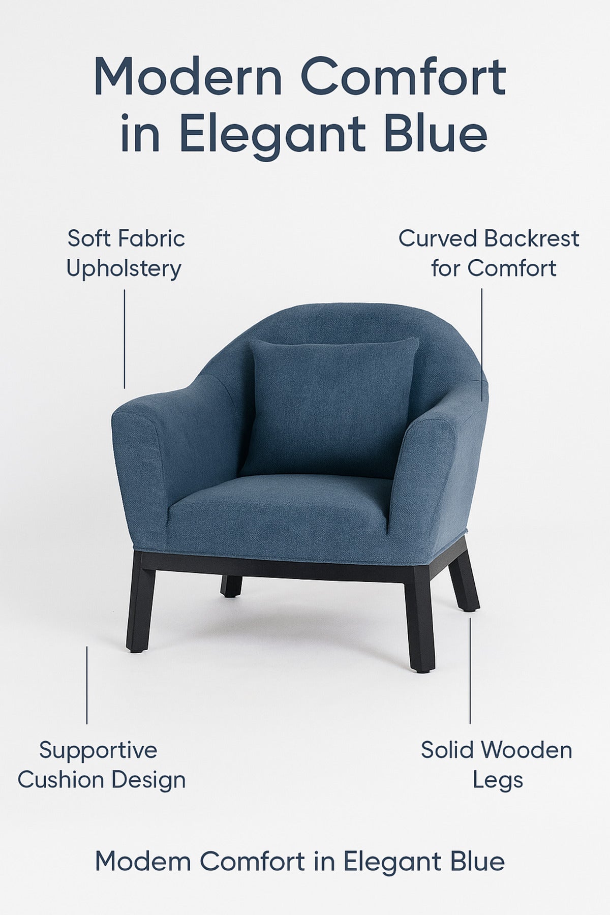 Blue Fabric Armchair Ð Modern Single Seater Lounge Chair with Cushion for Living Room & Office