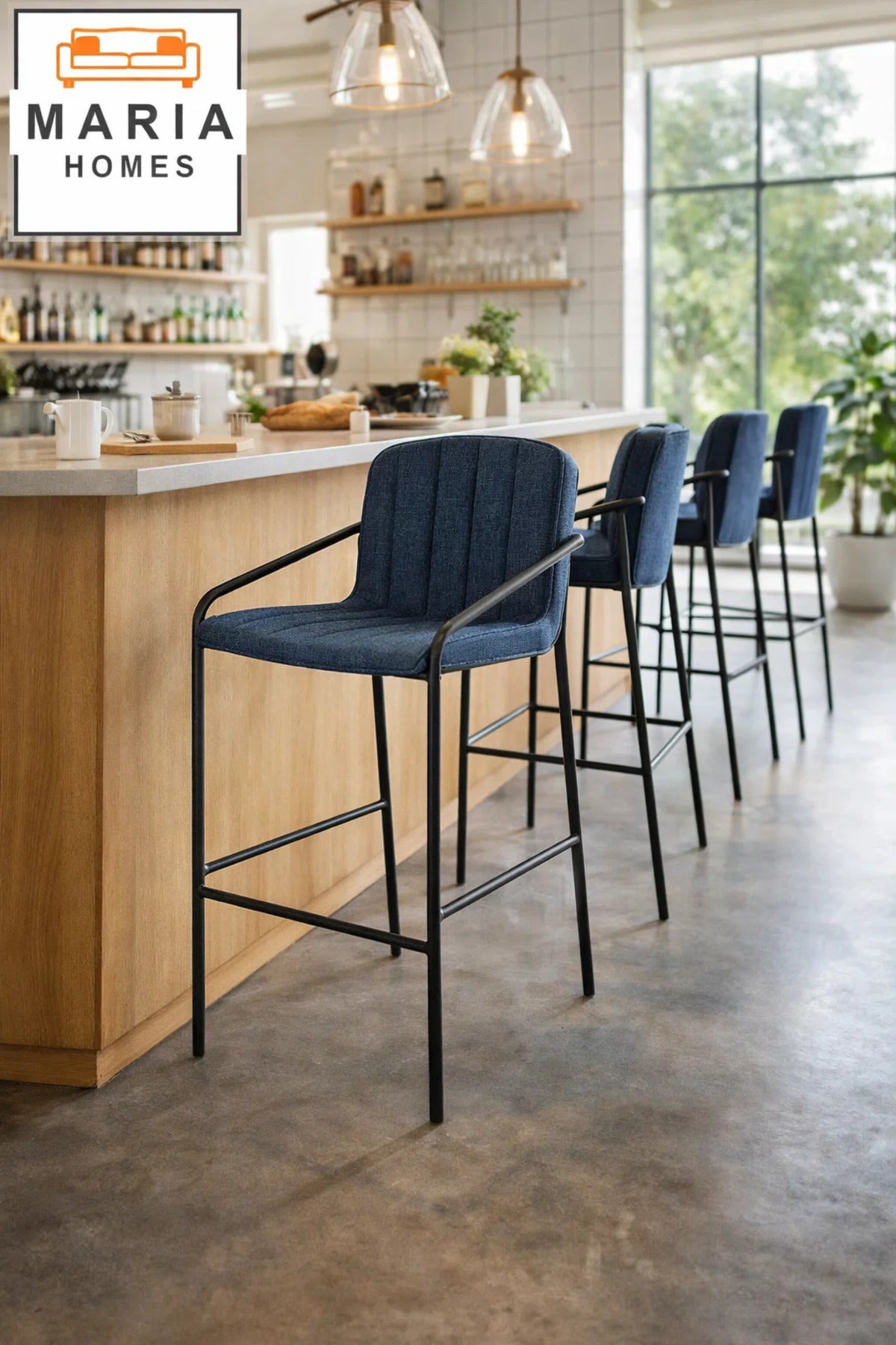 Deep Blue Upholstered Bar Stool with Black Metal Frame Ð Modern Counter Chair with Armrests