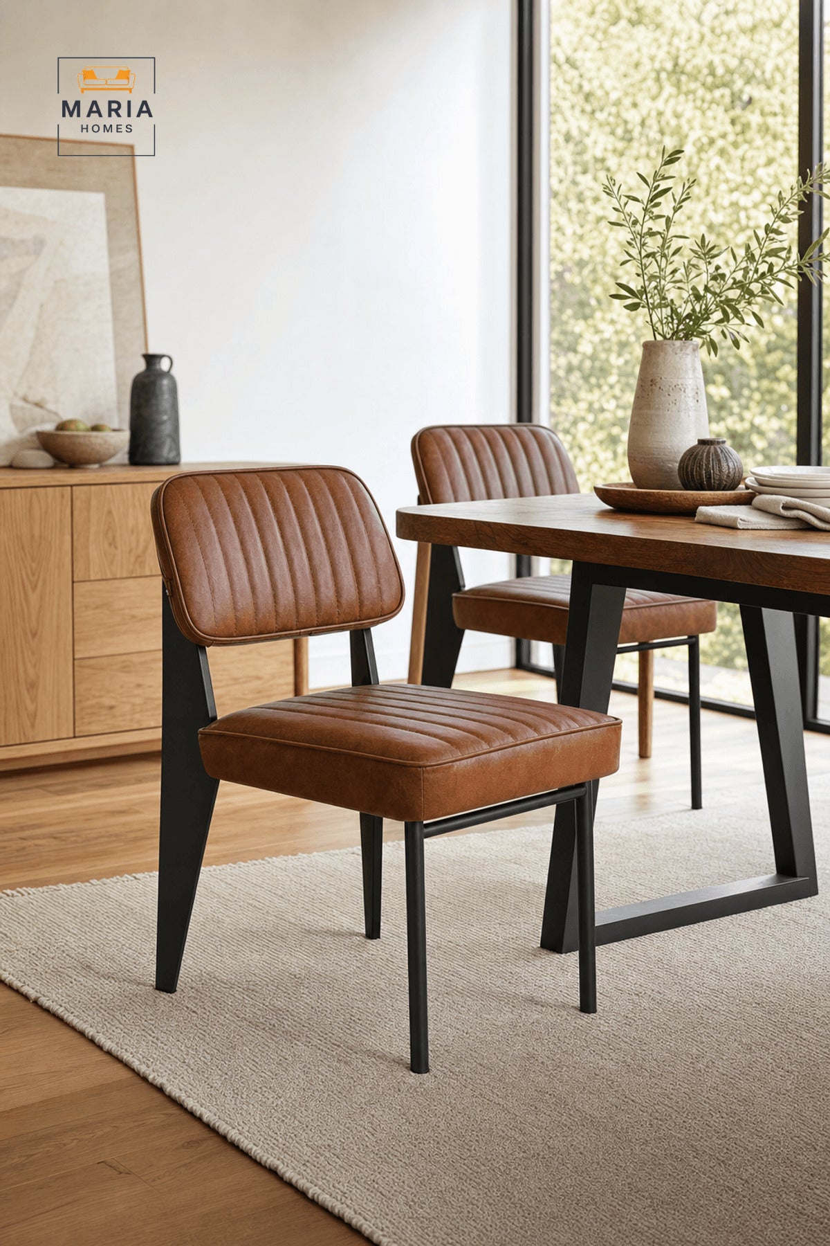 Brown Padded Dining Chair with Upholstered Seat, Ribbed Backrest and Black Metal Legs
