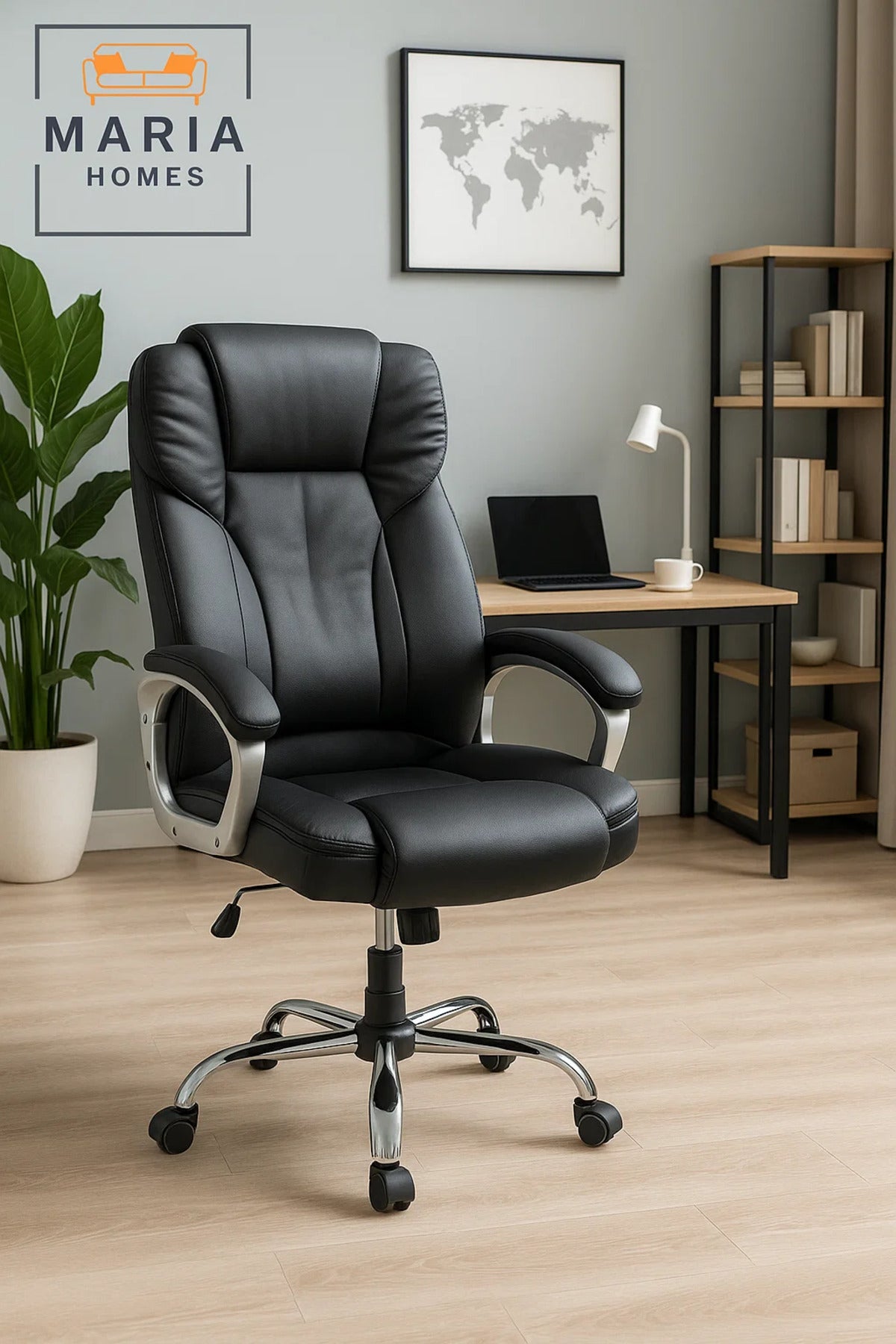 Black Executive Office Chair with High Backrest and Cushioned Support for Home or Office Comfort