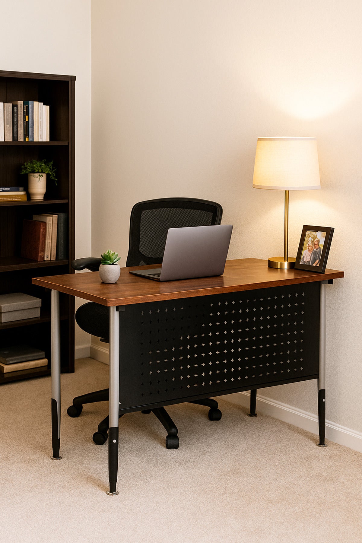 Dark Wood Office Desk 120_60_75 cm Ð Modern Workstation Table with Metal Frame and Cable Grommet