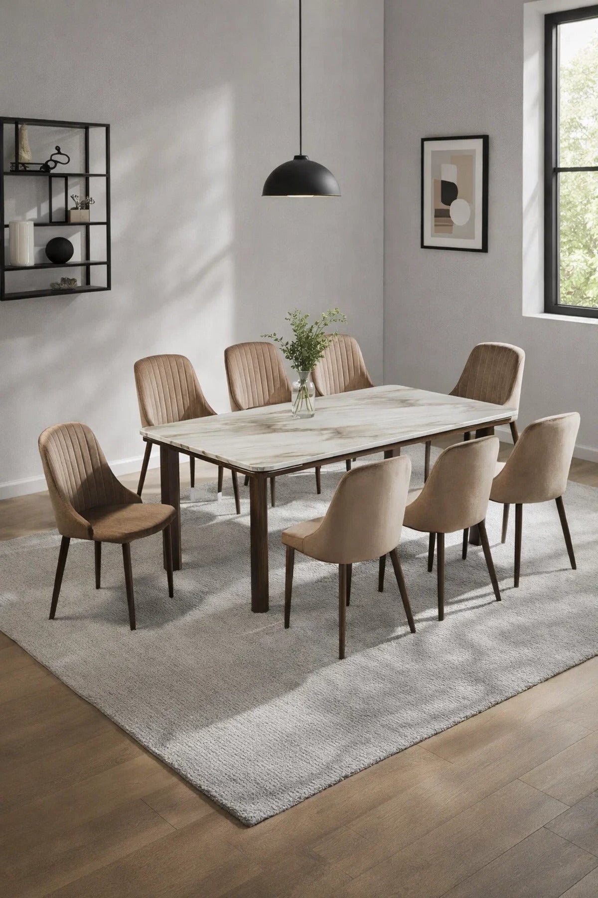 Modern 9-Piece Dining Set with Marble Top Table and 8 Brown Velvet Chairs for Luxury Home Dining